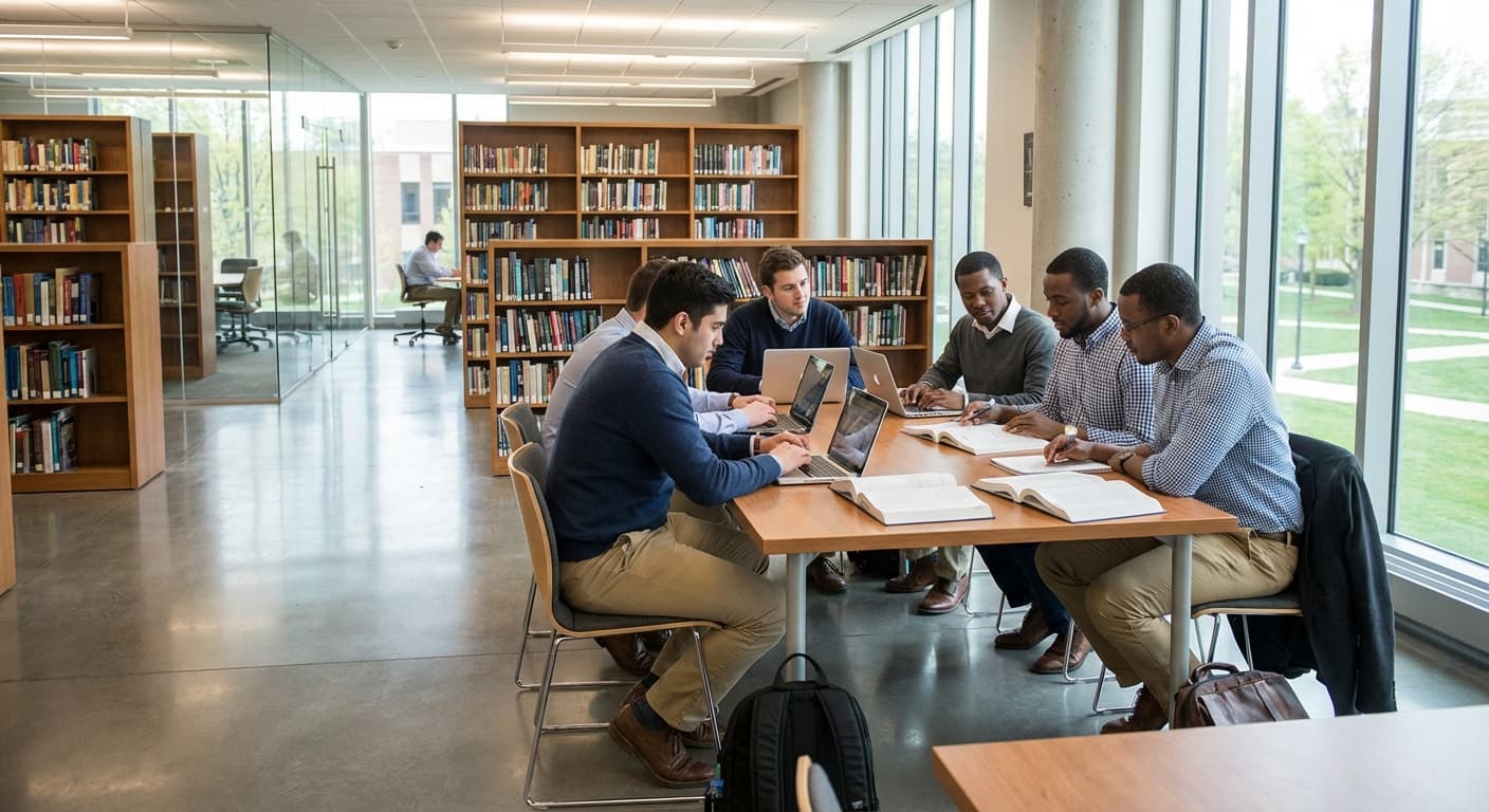 Men studying in a modern academy